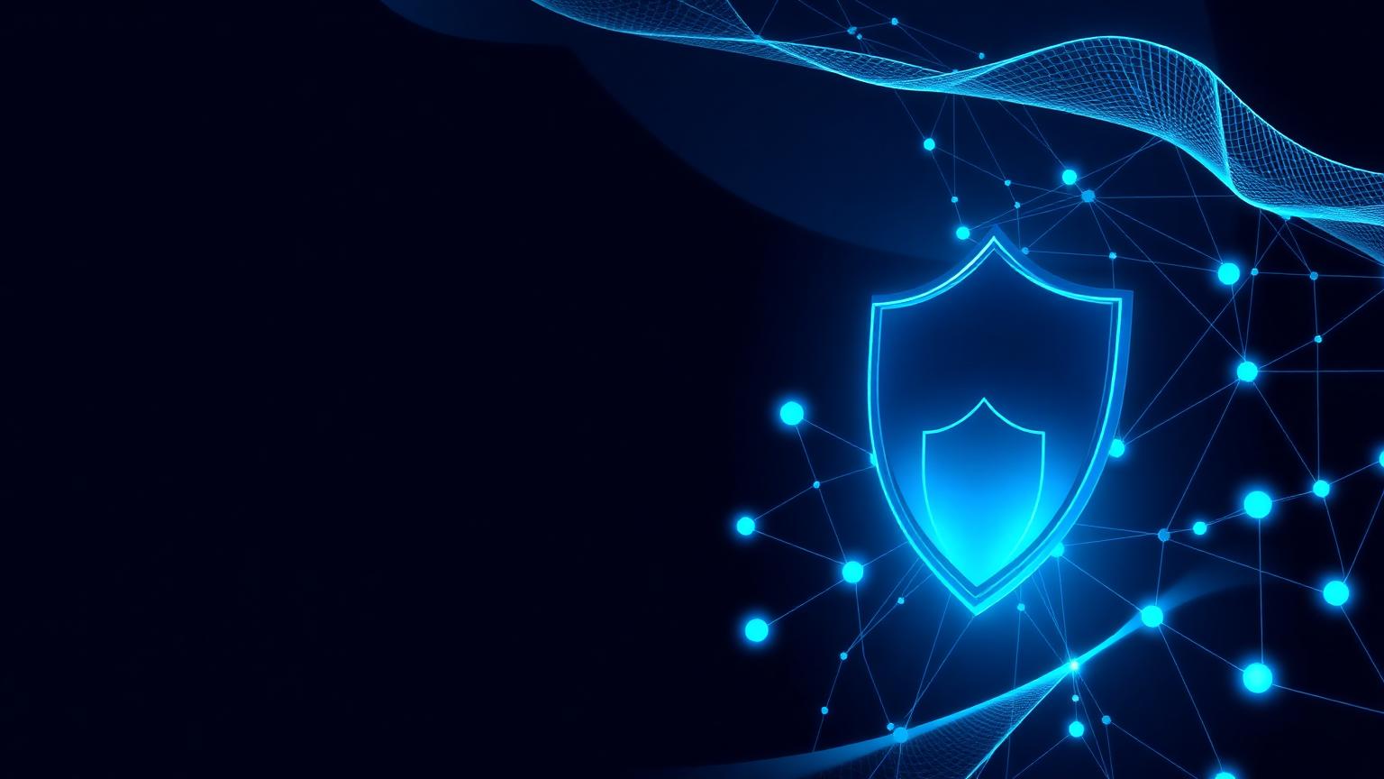 Abstract glowing shield over a sanctions-style entity network graph on a navy background, representing KYB and compliance screening
