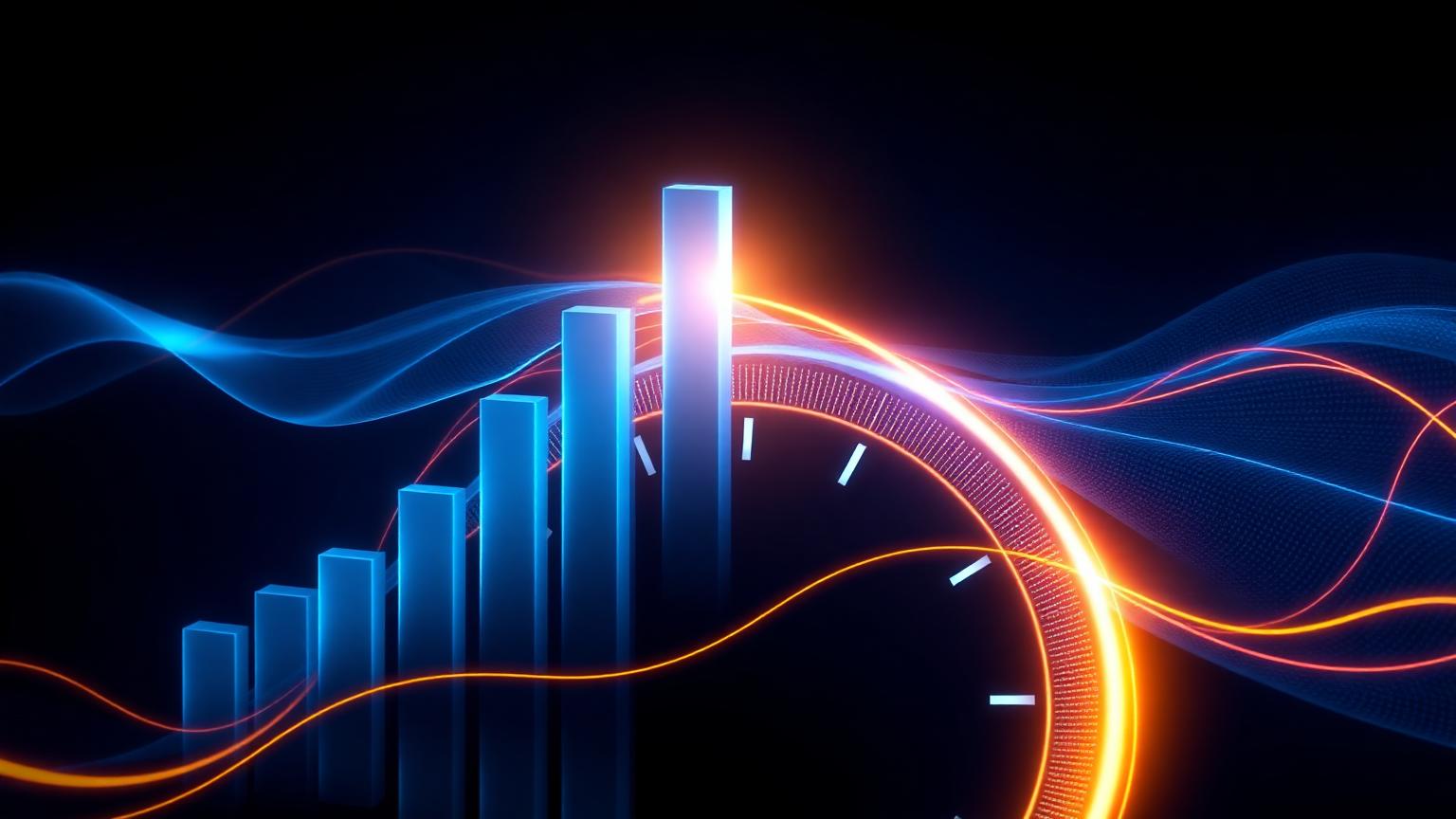Abstract rising bars morphing into a credit-score gauge with an amber accent on a navy background, representing predictive credit risk scoring
