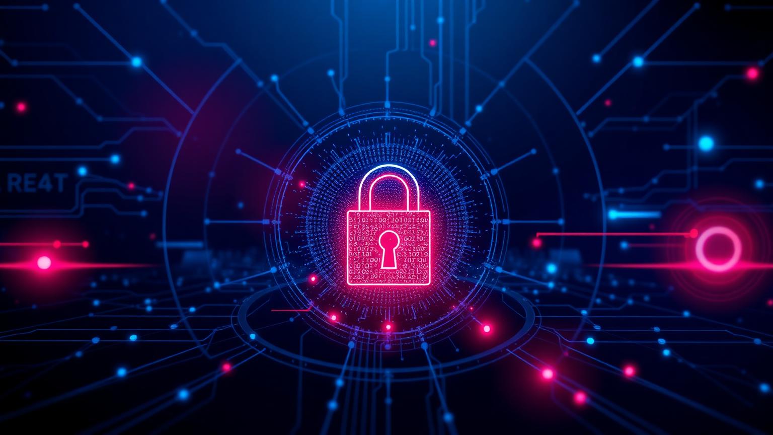 Abstract circuit-board padlock with a red threat accent on a navy background, representing external cyber and third-party risk monitoring