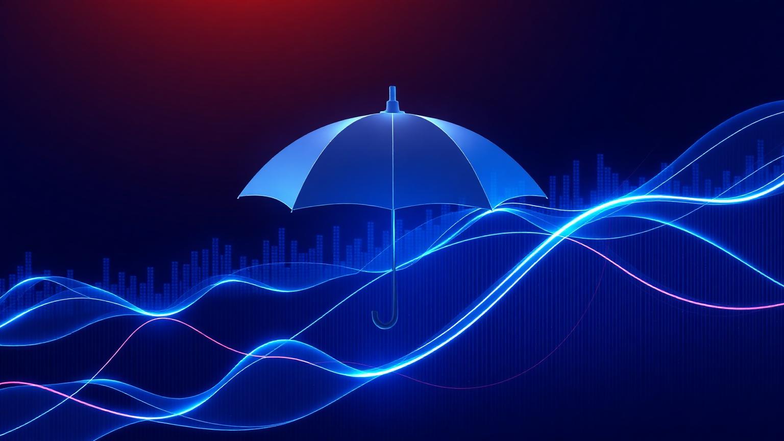 Abstract translucent umbrella over actuarial probability waves on a navy background, representing commercial insurance underwriting risk