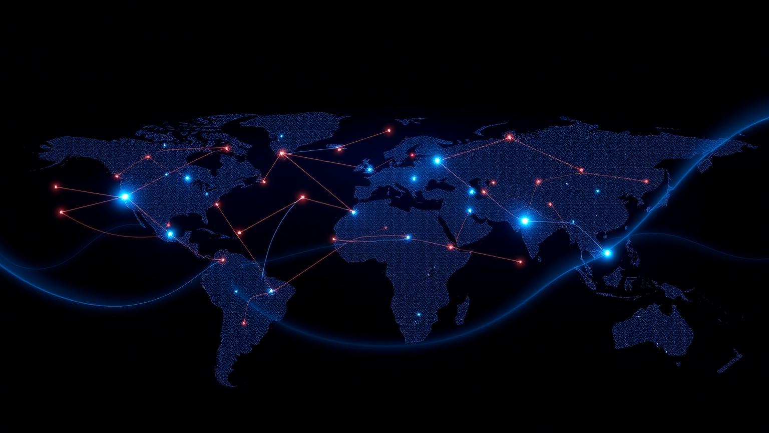 Abstract global supplier network across a stylised world-map grid on a navy background, representing supply-chain and third-party risk